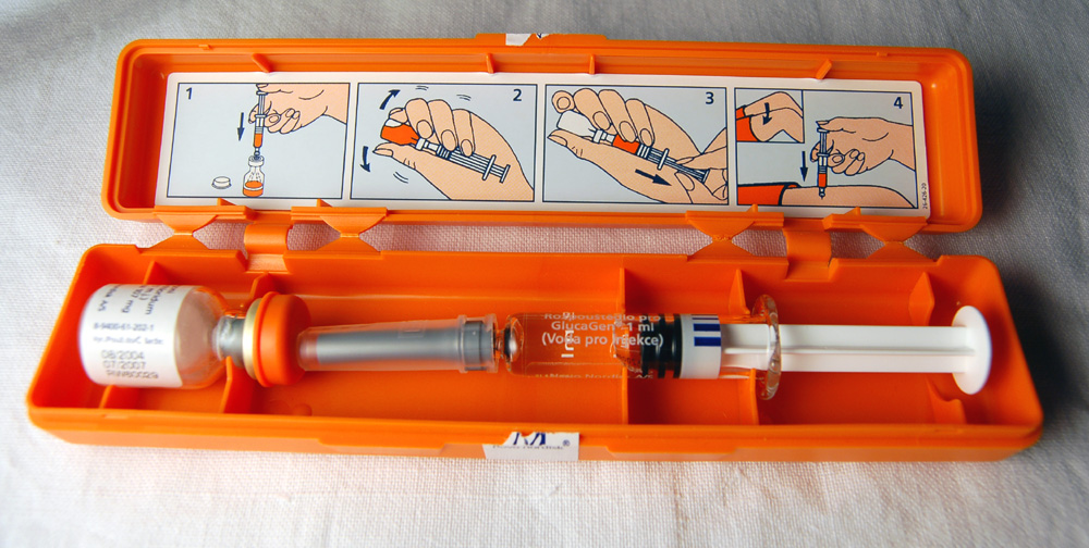 A glucagon kit used to treat severe hypoglycemia.